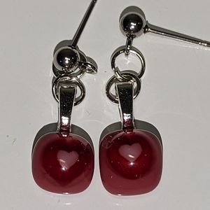Artisan handmade glass red earrings with pink hearts. Nickel free posts.